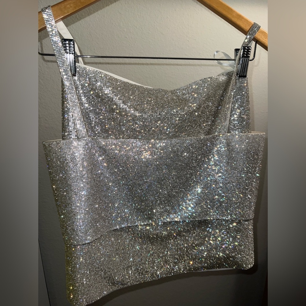 12th Tribe Shira Silver Rhinestone Crop Top & Skirt Set.